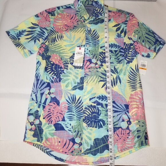 IZOD Mens S Short Sleeve Cotton Floral Hawaiian Button Up Shirt Yellow Blue Pink - Picture 8 of 12